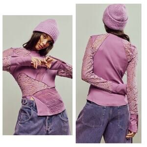 FREE PEOPLE First Frost Lace Patchwork Slit Sweater Grungy Edgy Y2K KATSEYE Pink